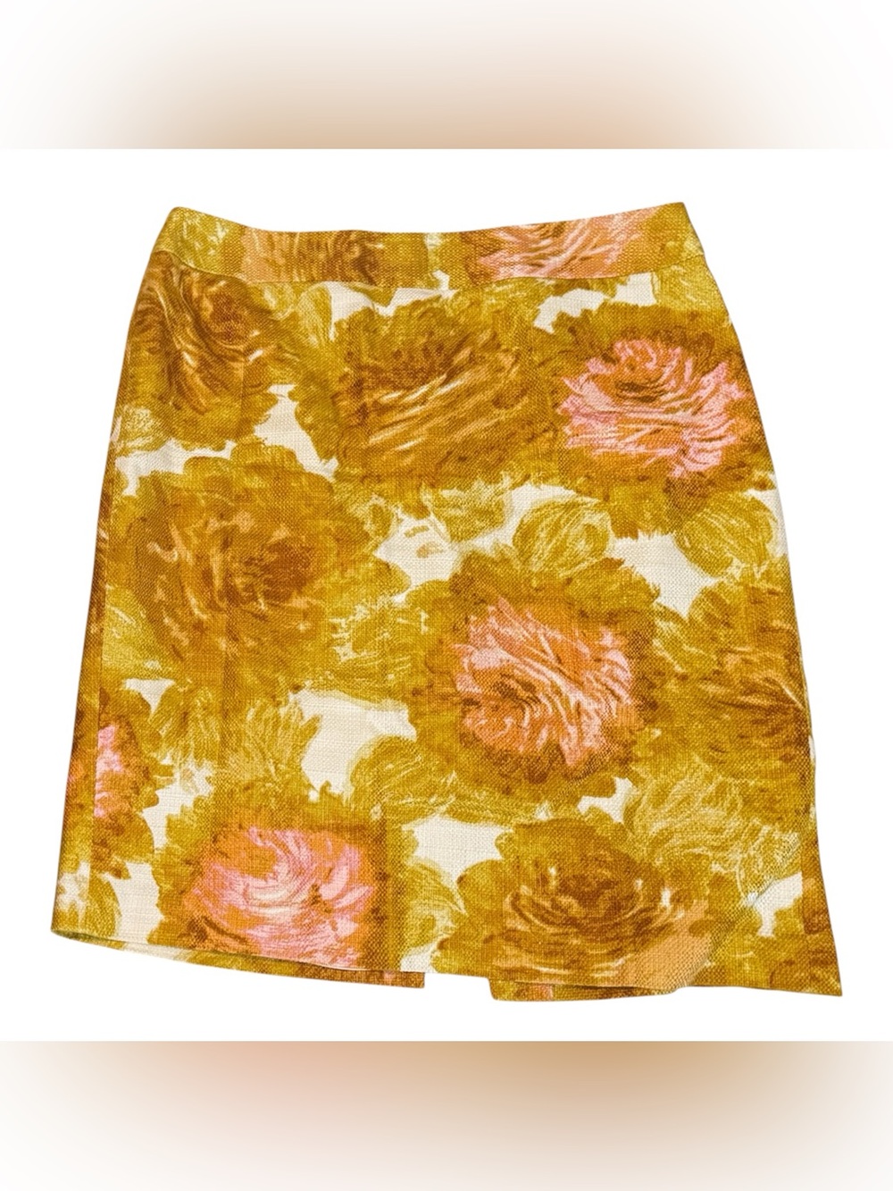 Talbots Floral Pencil Skirt Size 8 Mustard Pink Cotton Lined Retro Midi